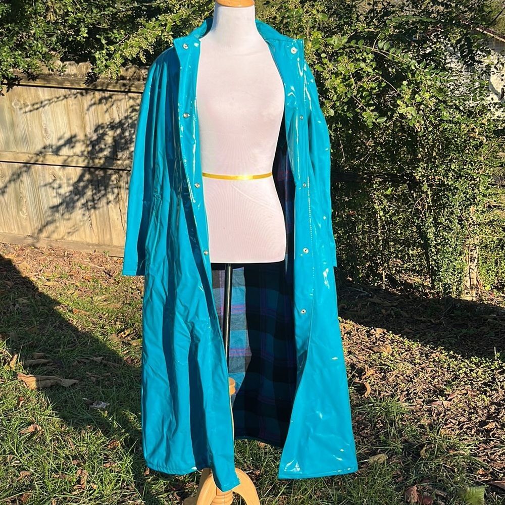 Vintage Kenn Sporn for Wippette Long Vinyl Trench Rain Coat Turquoise Blue